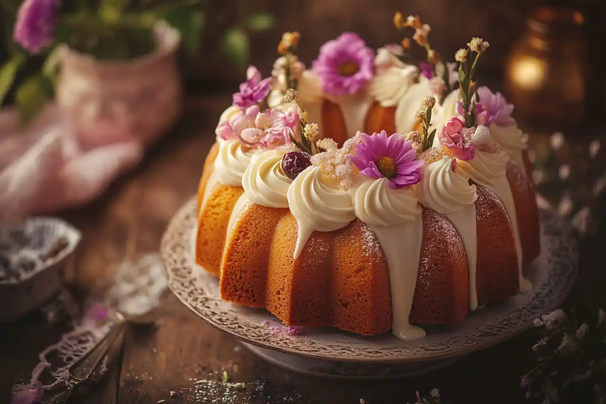 A delicious assortment of Nothing Bundt Cakes in various flavors, topped with signature cream cheese frosting