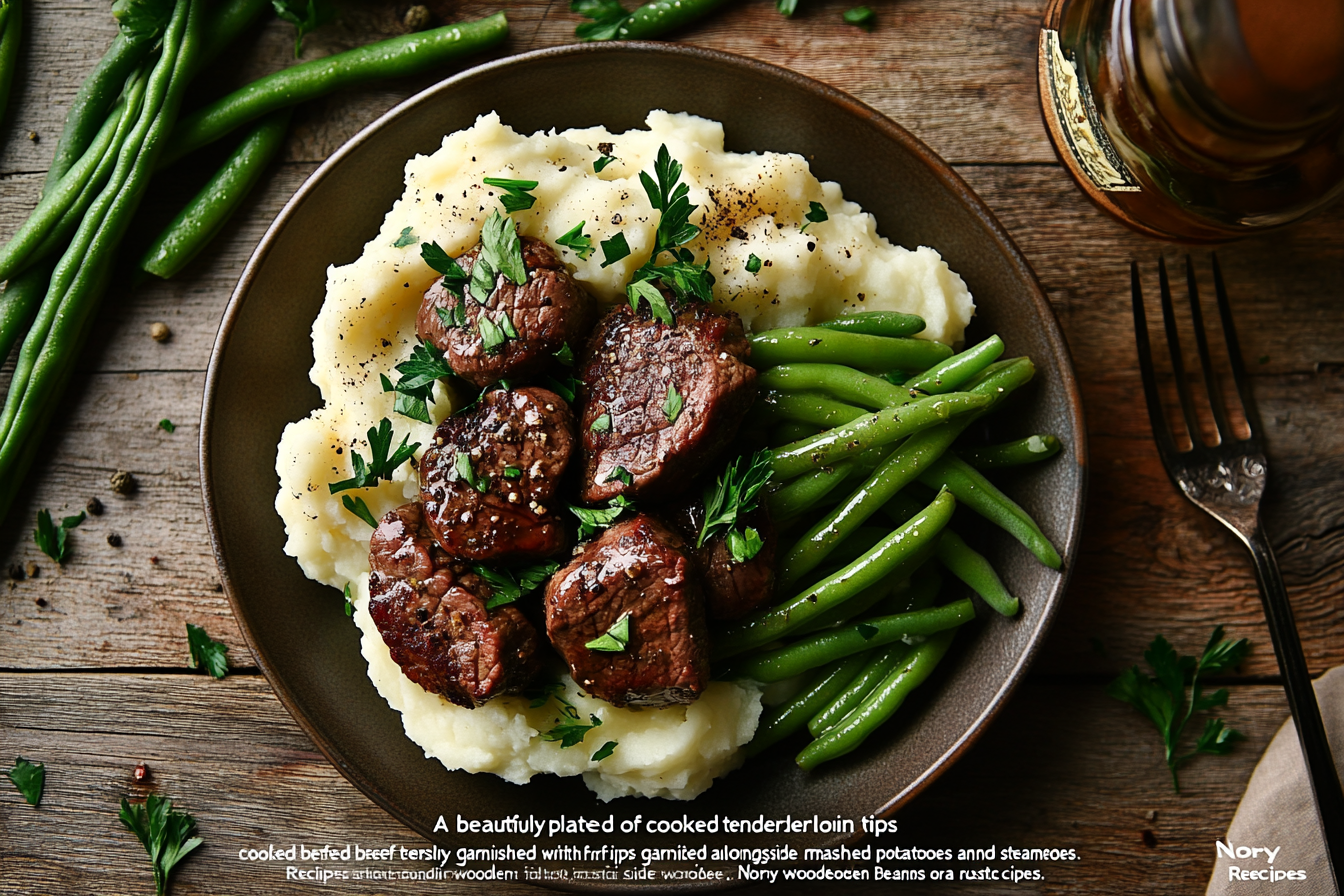 Beef Tenderloin Tips Recipe – seared beef tips served with mashed potatoes and green beans
