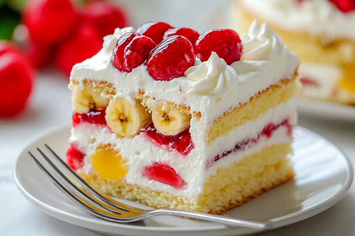 Banana Split Cake Recipe – layered no-bake dessert with bananas and cherries