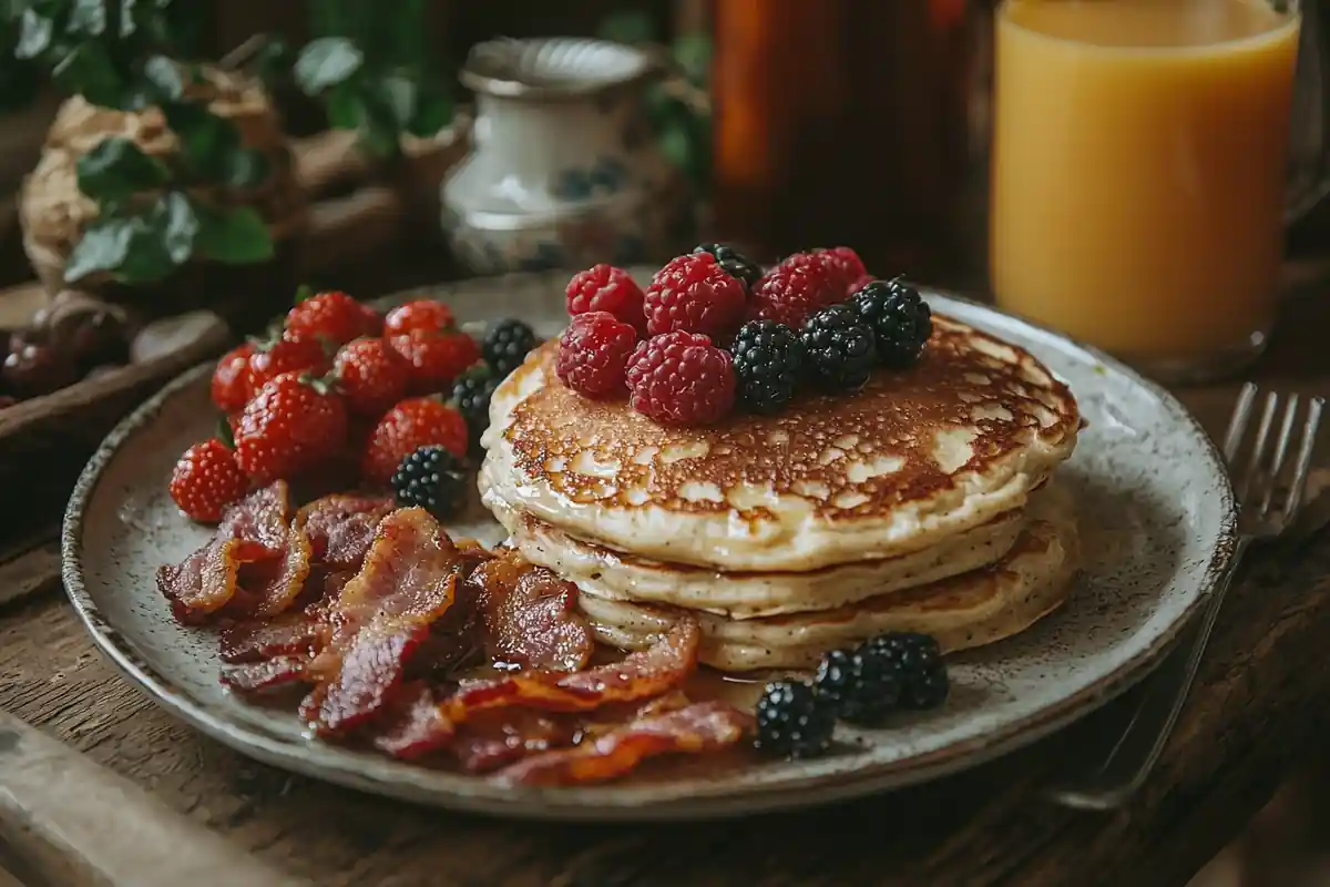 Krusteaz Pancake Mix – a stack of fluffy pancakes topped with syrup and berries