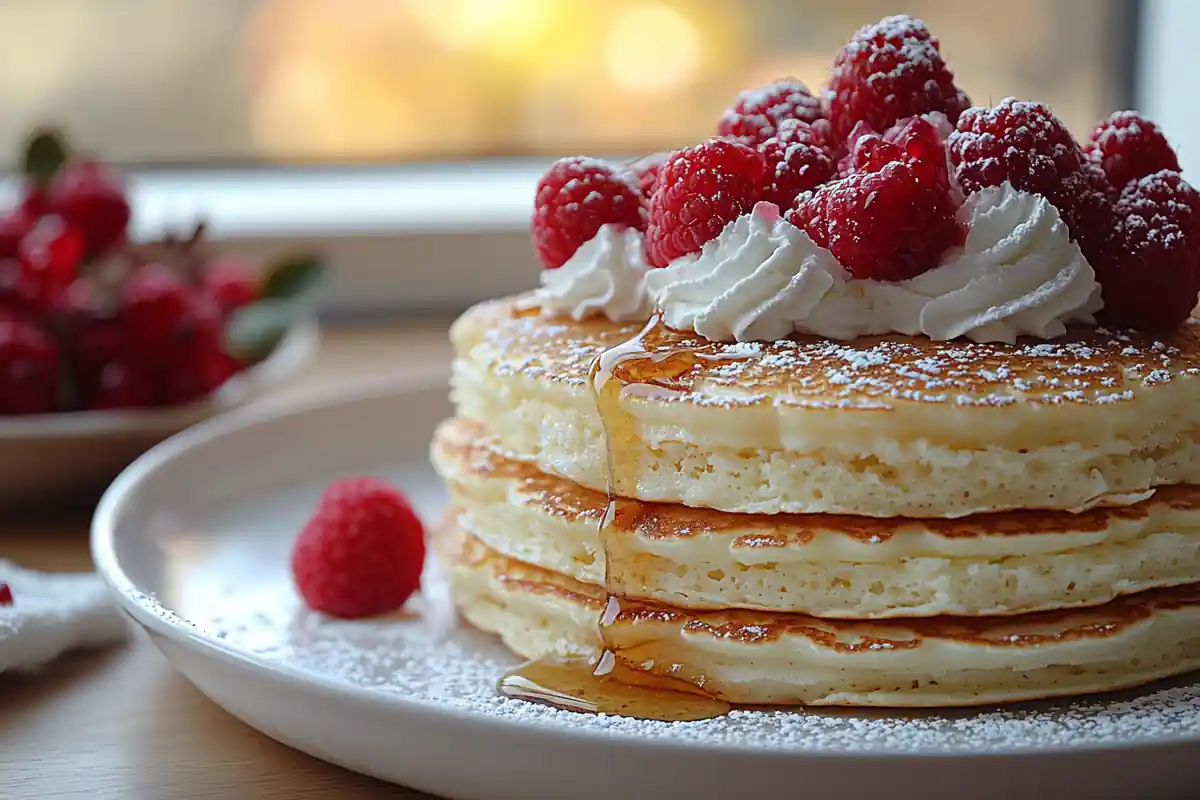 Krusteaz Pancake Mix – a stack of fluffy pancakes topped with syrup and berries