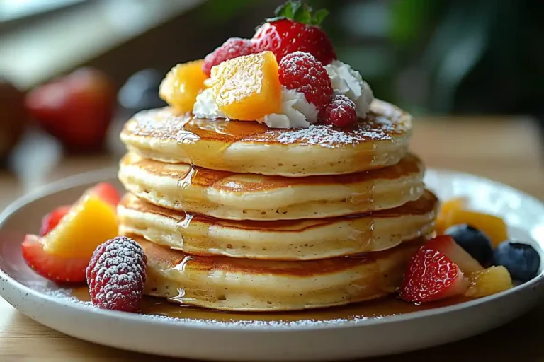 Krusteaz Pancake Mix – a stack of fluffy pancakes topped with syrup and berries