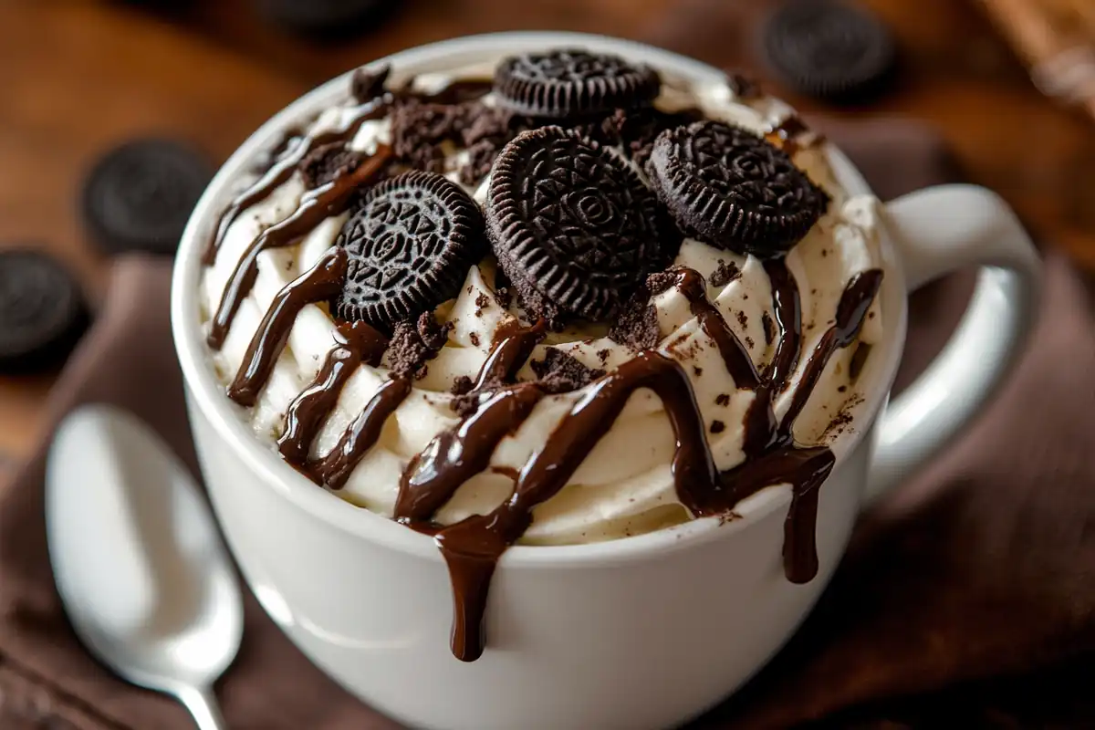u6185574297 A freshly microwaved Oreo mug cake in a white cer e68b3de8 81c1 4ff3 8495 61dd7390e5ff 3 www.noryrecipes.com
