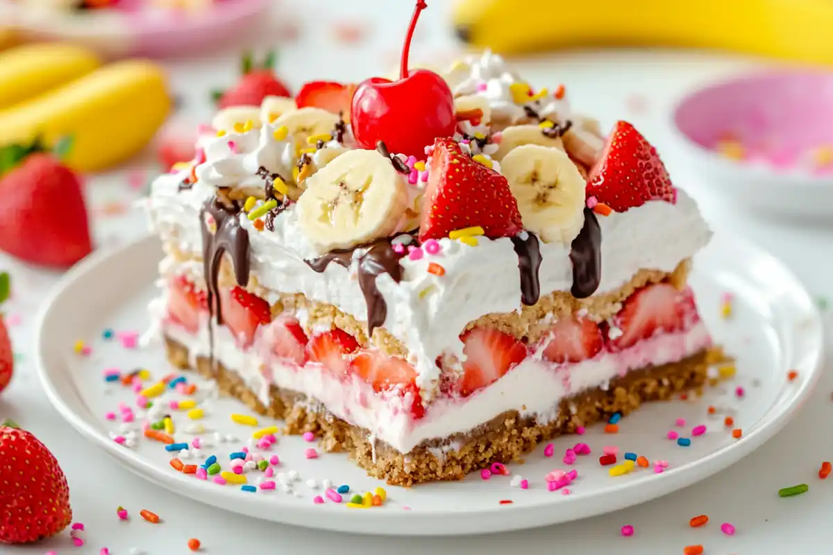 u6185574297 A fully assembled banana split cake on a white pl 00d6d2e9 a193 42d9 9f35 828f42f9cbda 0 www.noryrecipes.com
