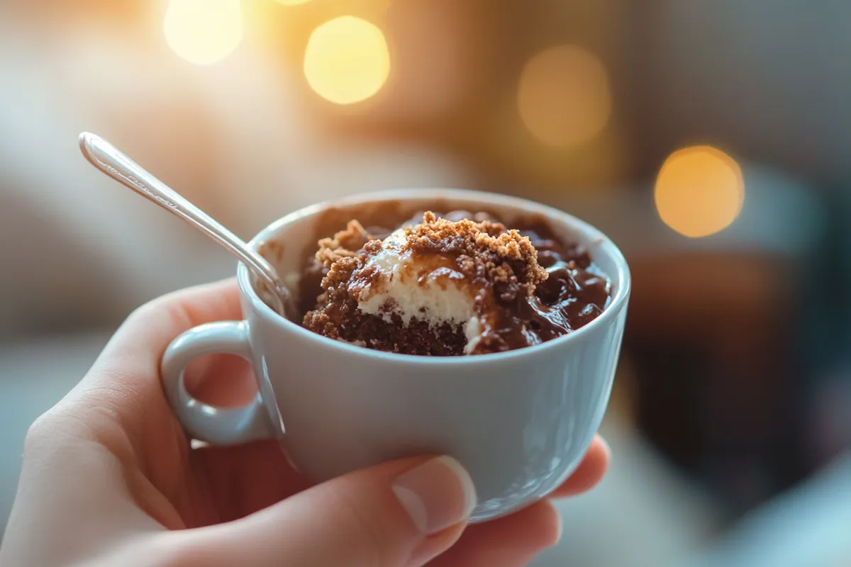 u6185574297 A hand holding the mug cake with a spoon digging 154cc3e7 ea2d 4c23 afb6 36953450c2d4 1 www.noryrecipes.com
