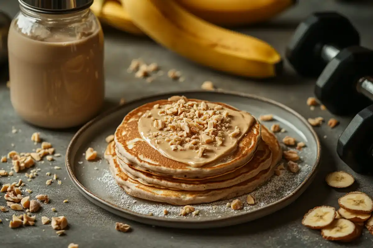 u6185574297 A plate of protein pancakes on a gym themed table 2ea30e62 3a62 48c1 ade7 c39b5b1caadd 0 www.noryrecipes.com