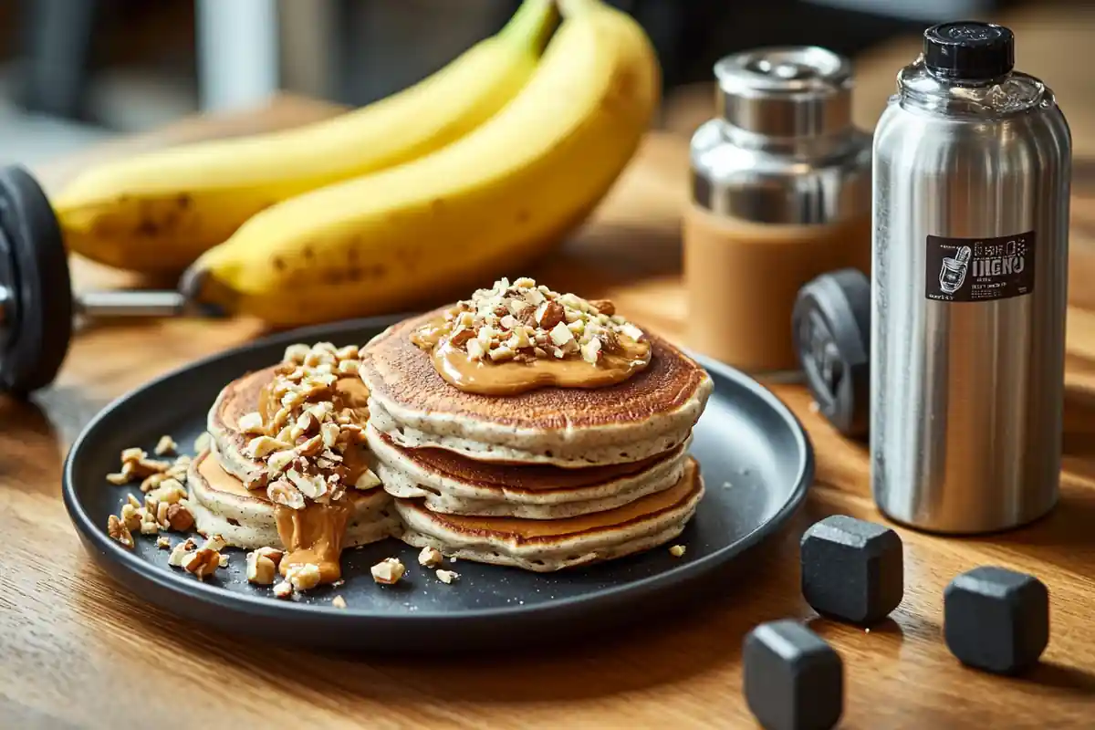 u6185574297 A plate of protein pancakes on a gym themed table 2ea30e62 3a62 48c1 ade7 c39b5b1caadd 2 www.noryrecipes.com