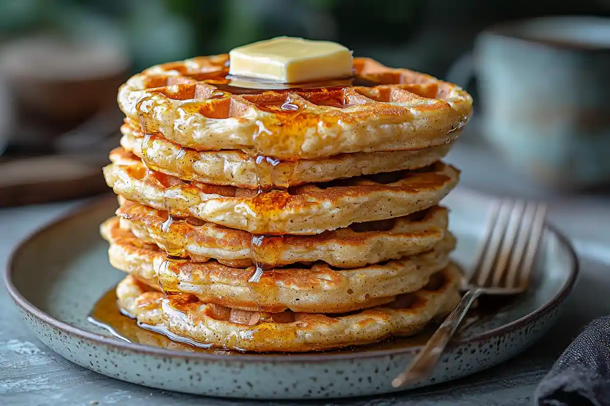 Krusteaz Pancake Mix – a stack of fluffy pancakes topped with syrup and berries