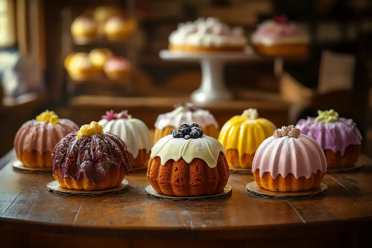 A delicious assortment of Nothing Bundt Cakes in various flavors, topped with signature cream cheese frosting