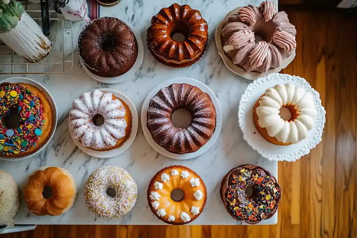 A delicious assortment of Nothing Bundt Cakes in various flavors, topped with signature cream cheese frosting