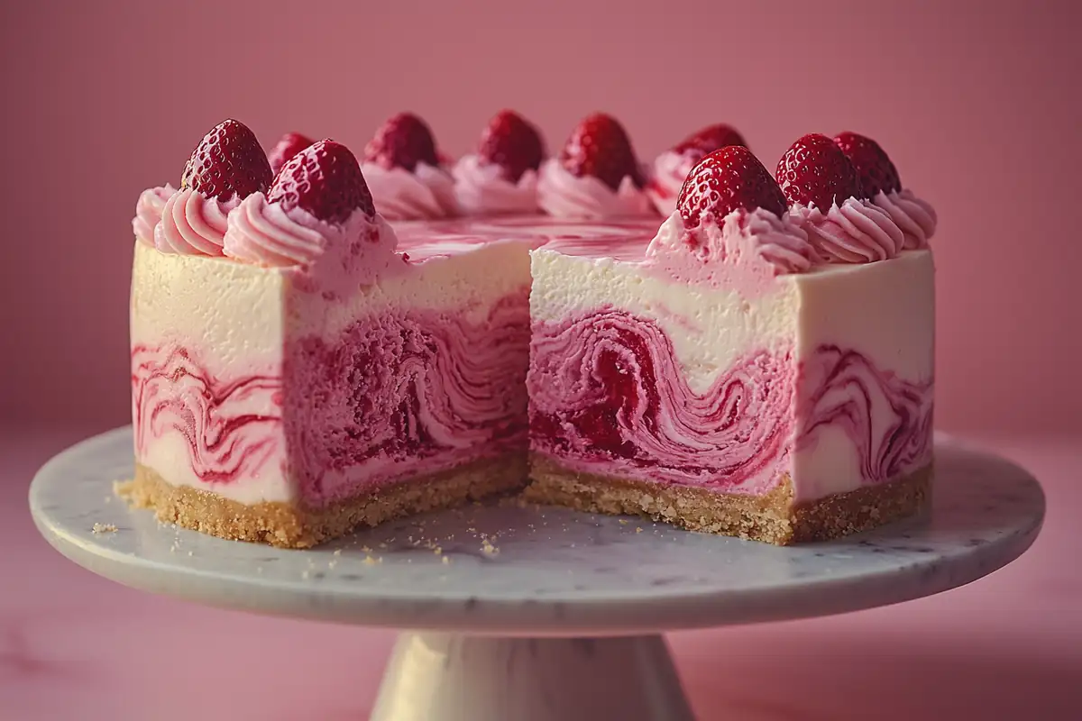 Strawberry Cheesecake Cake Recipe with fresh strawberries