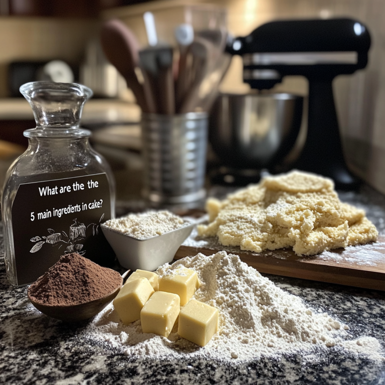 5 main ingredients in cake: flour, sugar, butter, eggs, and baking powder