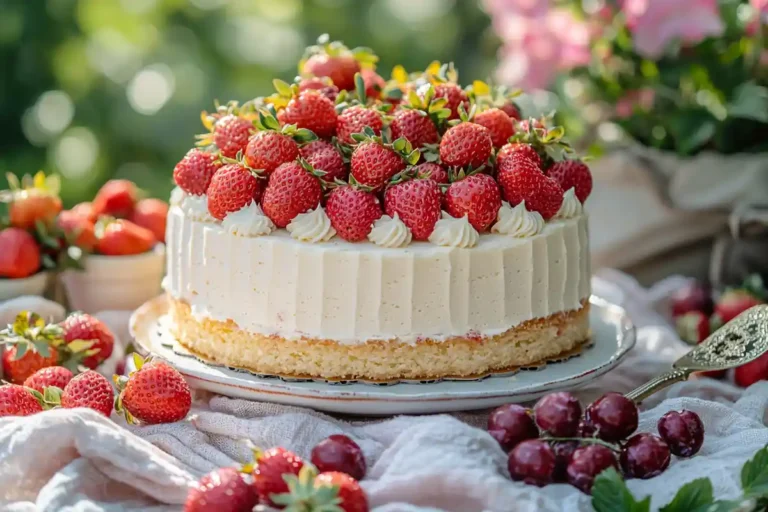 Strawberry Cheesecake Cake Recipe with fresh strawberries