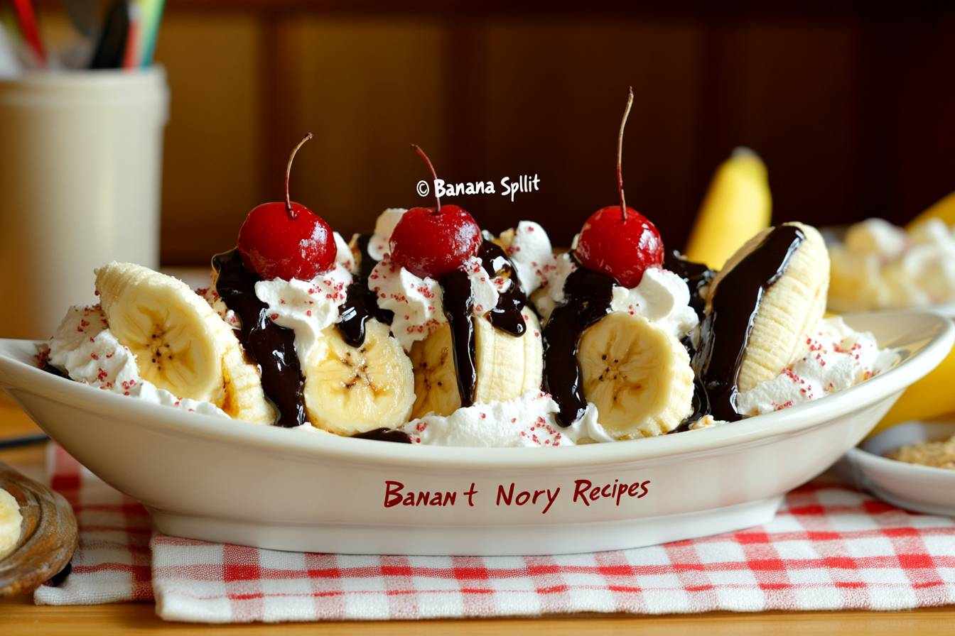 Traditional banana split with vanilla, chocolate, and strawberry ice cream topped with whipped cream and cherries​