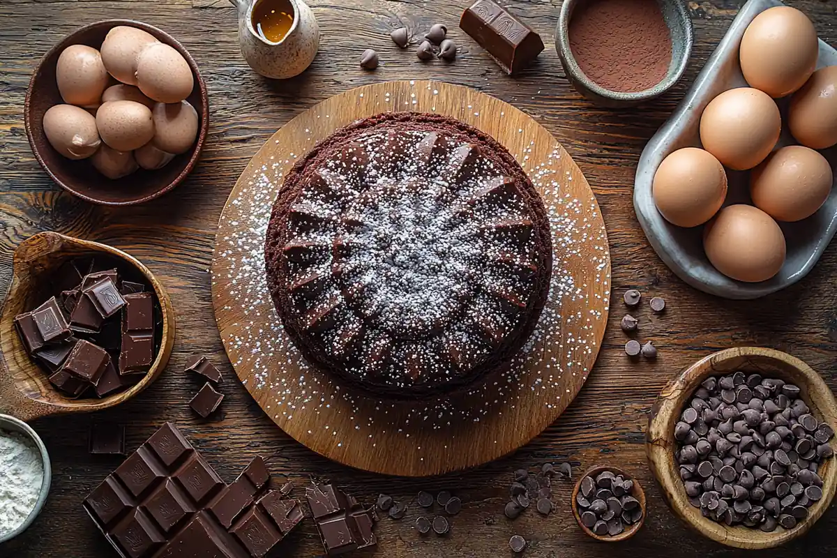 Chocolate Cake Ingredients - Flour, cocoa powder, eggs, butter, and more