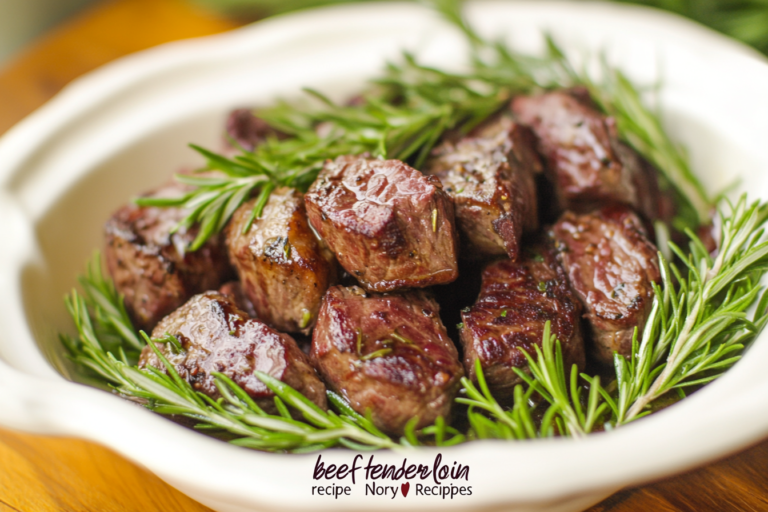 Beef Tenderloin Tips Recipe – seared tenderloin tips garnished with rosemary