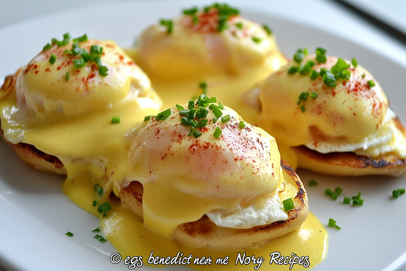 Plate of Eggs Benedict with poached eggs and hollandaise sauce
