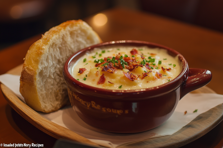 Loaded Baked Potato Soup topped with bacon, cheddar, and chives