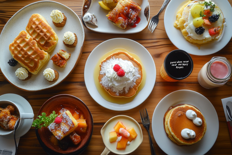 Pancakes Near Me – a stack of golden pancakes topped with syrup and berries
