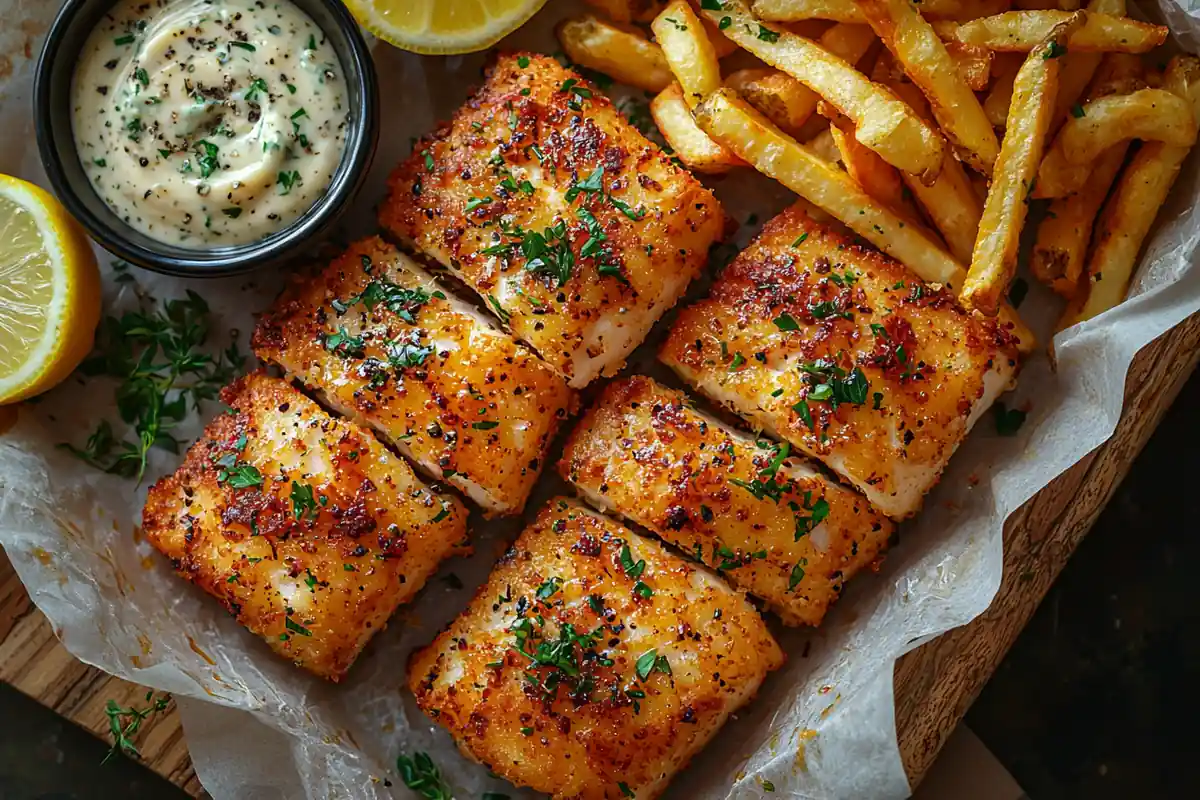 fish breading recipe – golden crispy fish fillet on a white plate