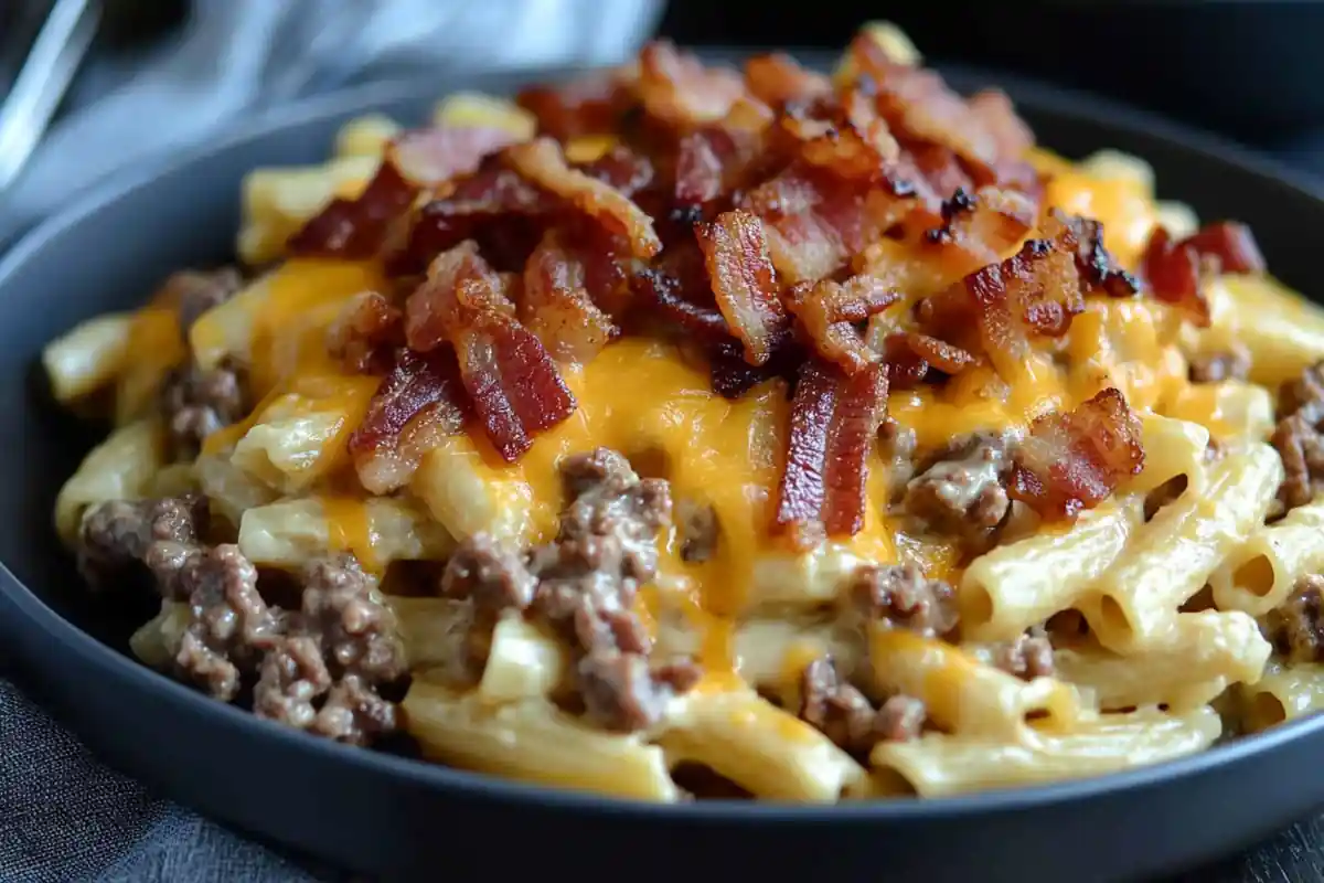 A dark gray bowl filled with pasta, ground beef, creamy cheese sauce, and topped with crispy bacon bits.