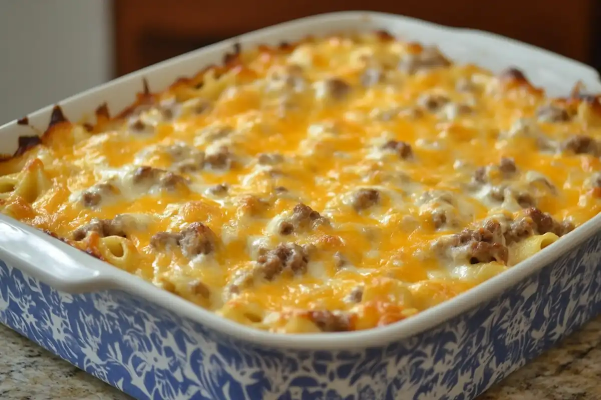 A casserole dish filled with pasta, ground meat, and melted cheese.