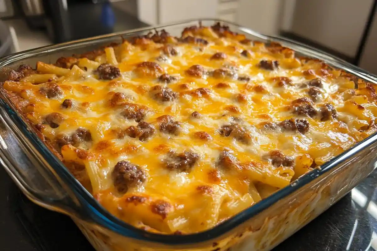 A cheesy ground beef and pasta casserole baked in a glass dish.