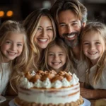 A happy family of five smiles at the camera behind a delicious cake.