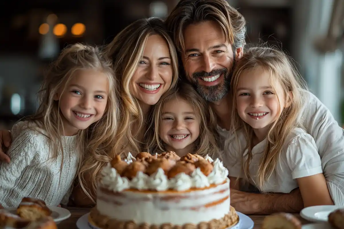 A happy family of five smiles at the camera behind a delicious cake.