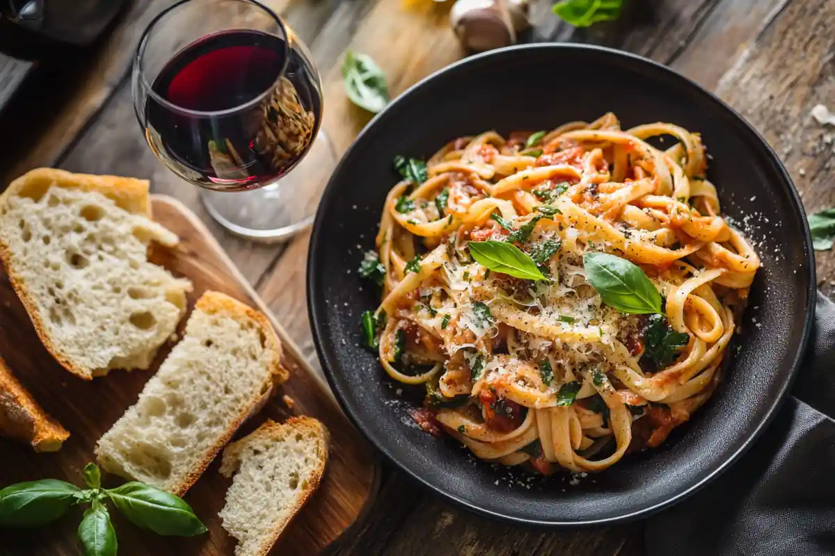 A black bowl of pasta with red sauce, spinach, basil, and parmesan sits next to a glass of red wine and sliced bread.