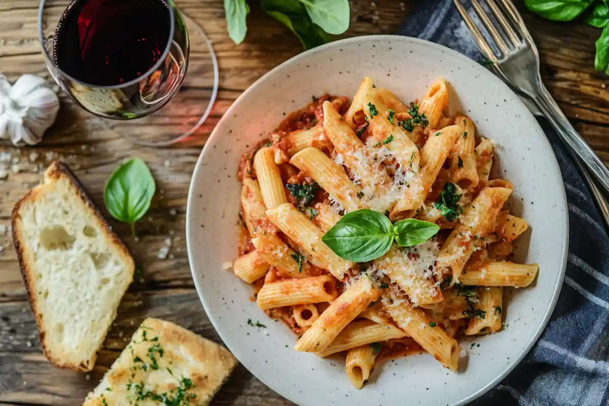 Penne pasta in a creamy tomato sauce, topped with grated cheese and basil, sits in a bowl on a rustic wooden table alongside garlic bread and a glass of red wine.