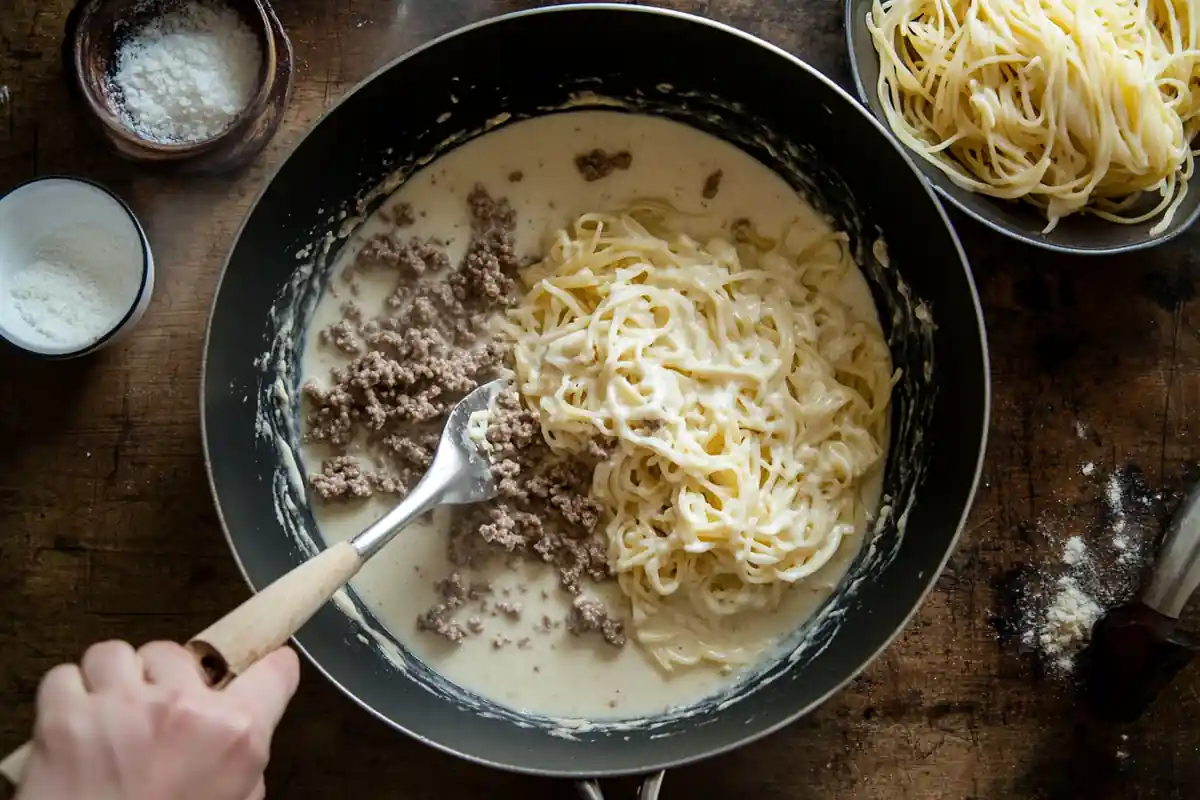 A skillet with cooked pasta, ground meat, and a creamy sauce being stirred.