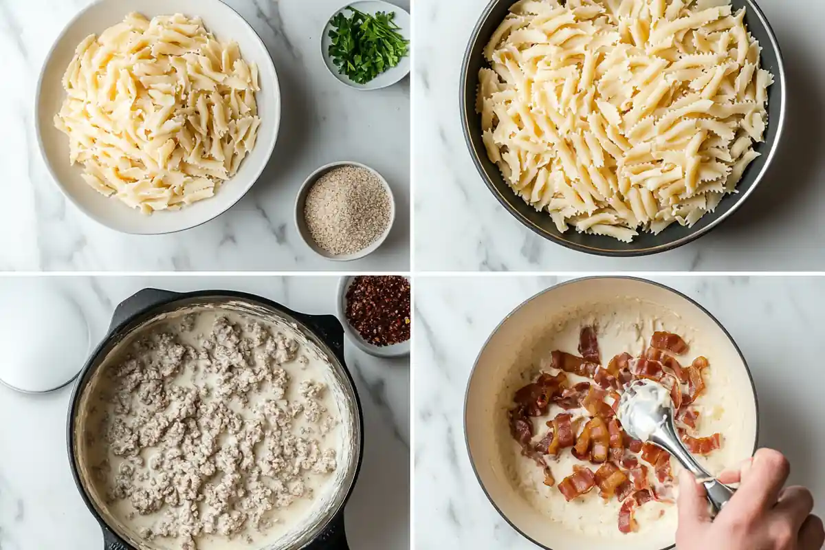 Four images show the steps in making a pasta dish, including cooked pasta, ground meat, and bacon.