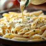 A close-up of penne pasta being covered in a creamy cheese sauce.