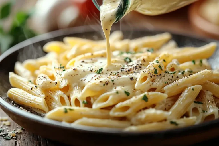 A close-up of penne pasta being covered in a creamy cheese sauce.