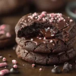 A stack of three chocolate cookies topped with melted chocolate and crushed peppermint candies.