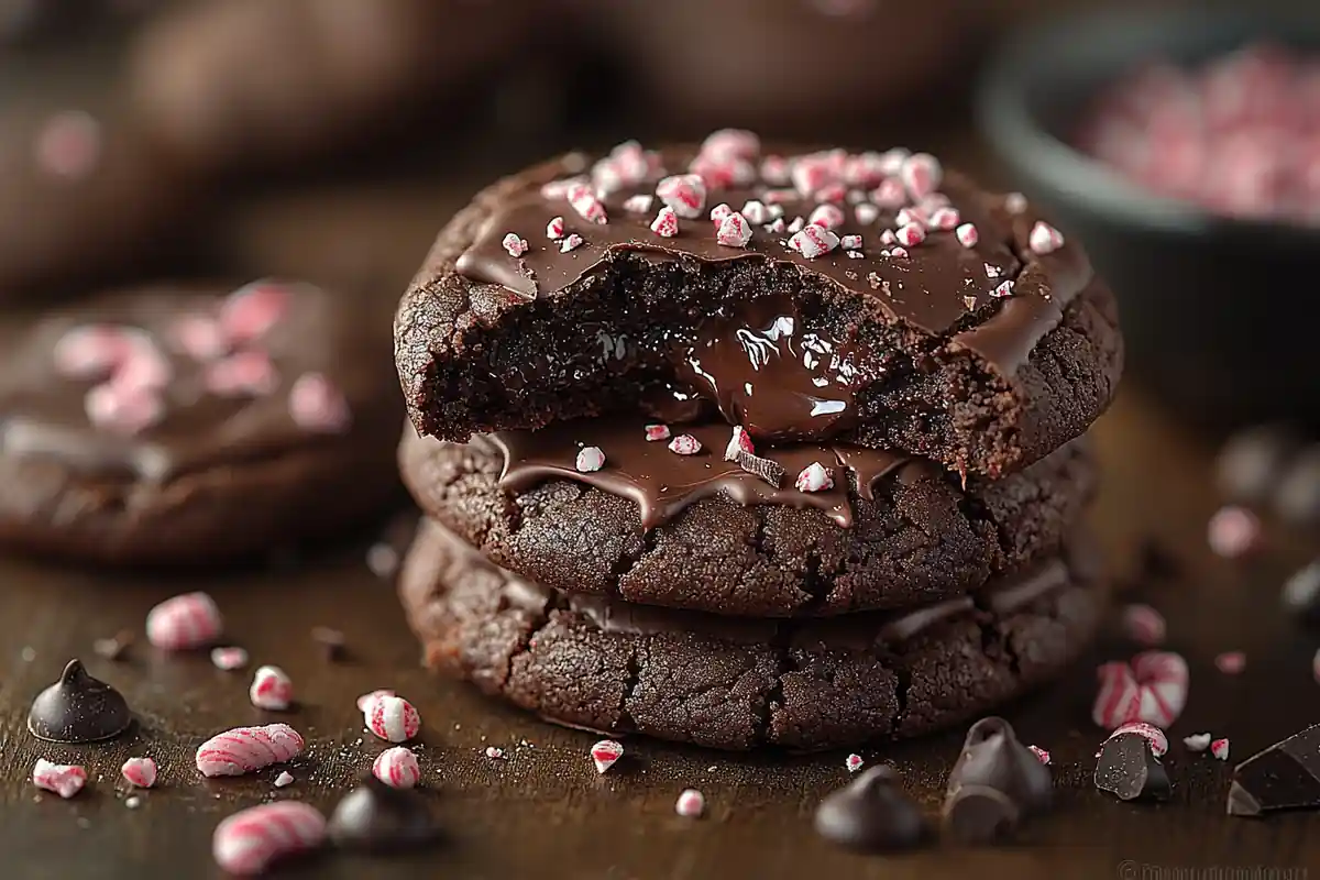 A stack of three chocolate cookies topped with melted chocolate and crushed peppermint candies.