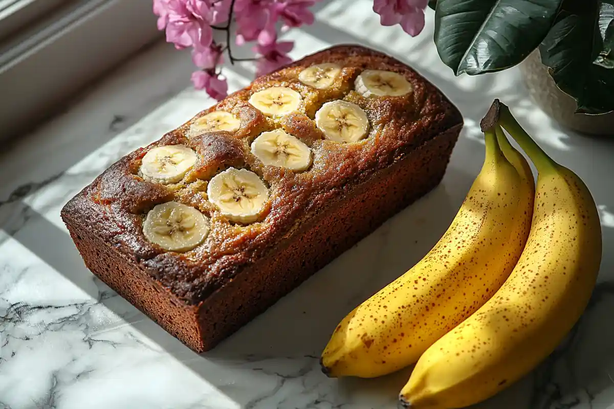 u6185574297 Banana bread with two ripe bananas beside it top cdf101dc 09e9 473d 809a d764b3067bcf 1 www.noryrecipes.com