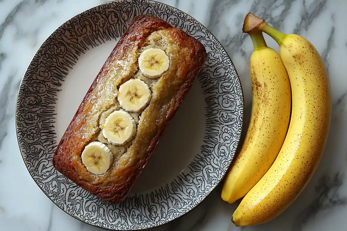 u6185574297 Banana bread with two ripe bananas beside it top cdf101dc 09e9 473d 809a d764b3067bcf 3 www.noryrecipes.com